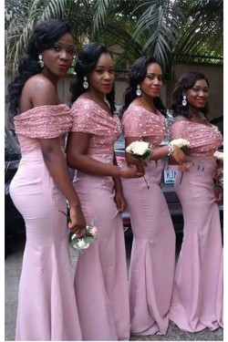 Mermaid Long Pink Lace Off-the-Shoulder Bridesmaid Dresses 3010333