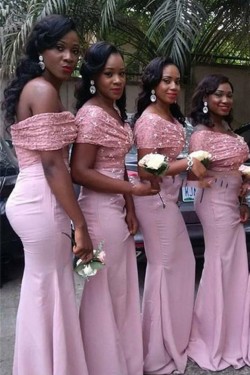 Mermaid Long Pink Lace Off-the-Shoulder Bridesmaid Dresses 3010333