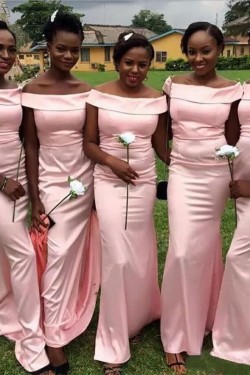 Mermaid Long Pink Off-the-Shoulder Bridesmaid Dresses 3010342