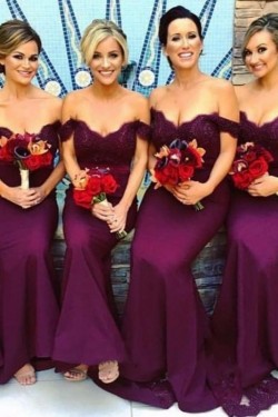 Mermaid Off-the-Shoulder Long Grape Bridesmaid Dresses 3010346