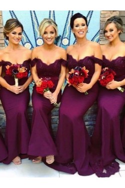 Mermaid Off-the-Shoulder Long Grape Bridesmaid Dresses 3010346
