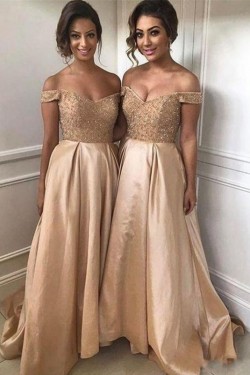 A-Line Beaded Off-the-Shoulder Long Bridesmaid Dresses 3010347