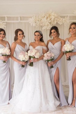 Sheath Spaghetti Straps Long Bridesmaid Dresses with Slit 3010355