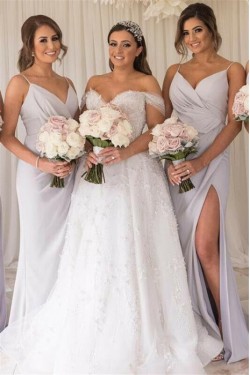 Sheath Spaghetti Straps Long Bridesmaid Dresses with Slit 3010355