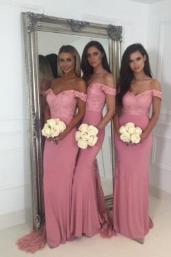 Mermaid Off-the-Shoulder Lace Long Bridesmaid Dresses 3010360