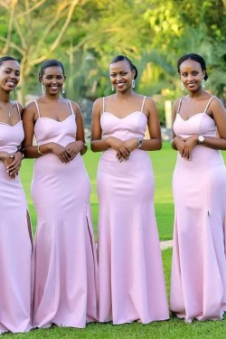 Mermaid Spaghetti Straps Long Pink Bridesmaid Dresses 3010368