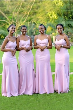 Mermaid Spaghetti Straps Long Pink Bridesmaid Dresses 3010368