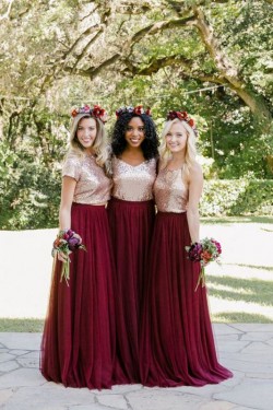 A-Line Sequins and Tulle Long Bridesmaid Dresses 3010378