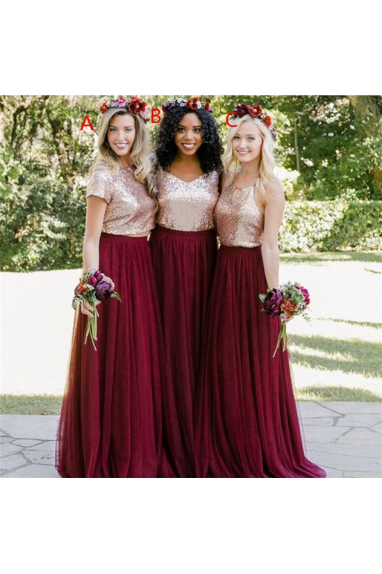 A-Line Sequins and Tulle Long Bridesmaid Dresses 3010378