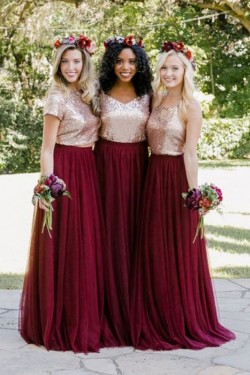 A-Line Sequins and Tulle Long Bridesmaid Dresses 3010378