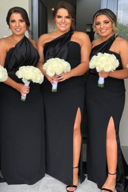 Sheath One-Shoulder Long Black Bridesmaid Dresses 3010390