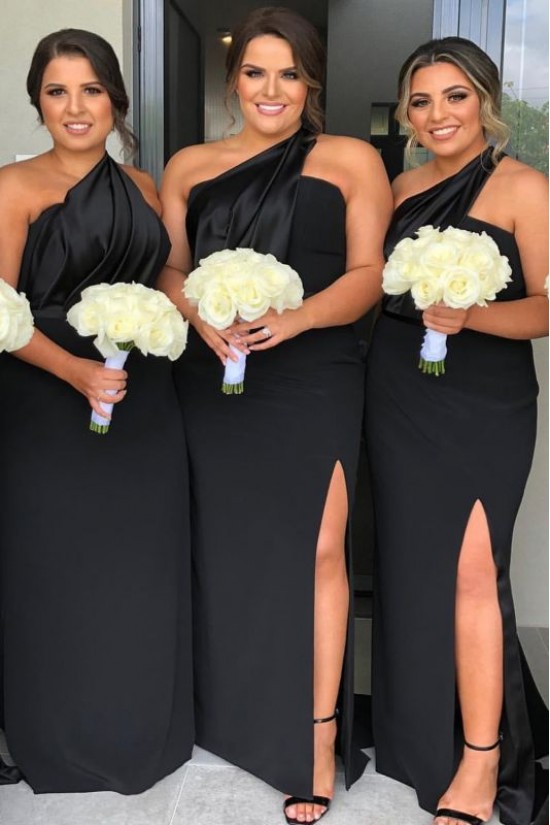 Sheath One-Shoulder Long Black Bridesmaid Dresses 3010390