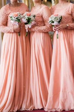 A-Line Long Sleeves Lace and Chiffon Long Bridesmaid Dresses 3010394