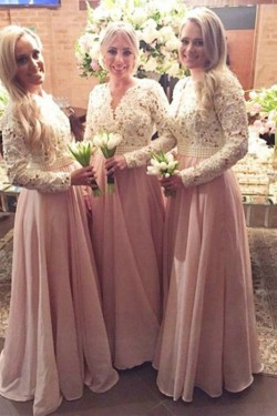 A-Line Beaded Long Pink Lace Floor Length Bridesmaid Dresses 3010412