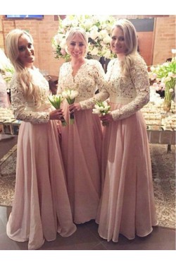 A-Line Beaded Long Pink Lace Floor Length Bridesmaid Dresses 3010412