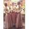 A-Line Beaded Long Pink Lace Floor Length Bridesmaid Dresses 3010412