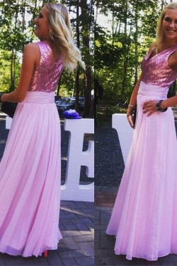A-Line Sequins and Chiffon Long Pink Floor Length Bridesmaid Dresses 3010415