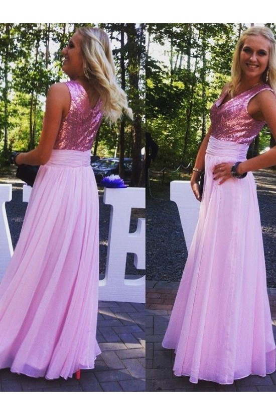 A-Line Sequins and Chiffon Long Pink Floor Length Bridesmaid Dresses 3010415