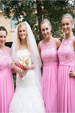 A-Line Lace and Chiffon Long Pink Floor Length Bridesmaid Dresses 3010416