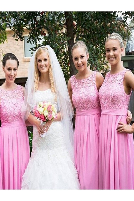 A-Line Lace and Chiffon Long Pink Floor Length Bridesmaid Dresses 3010416