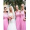 A-Line Lace and Chiffon Long Pink Floor Length Bridesmaid Dresses 3010416