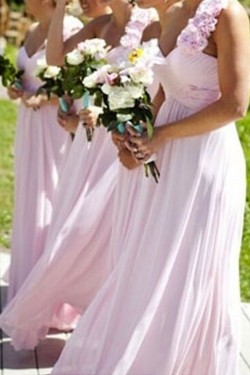 A-Line One-Shoulder Long Pink Chiffon Floor Length Bridesmaid Dresses 3010423