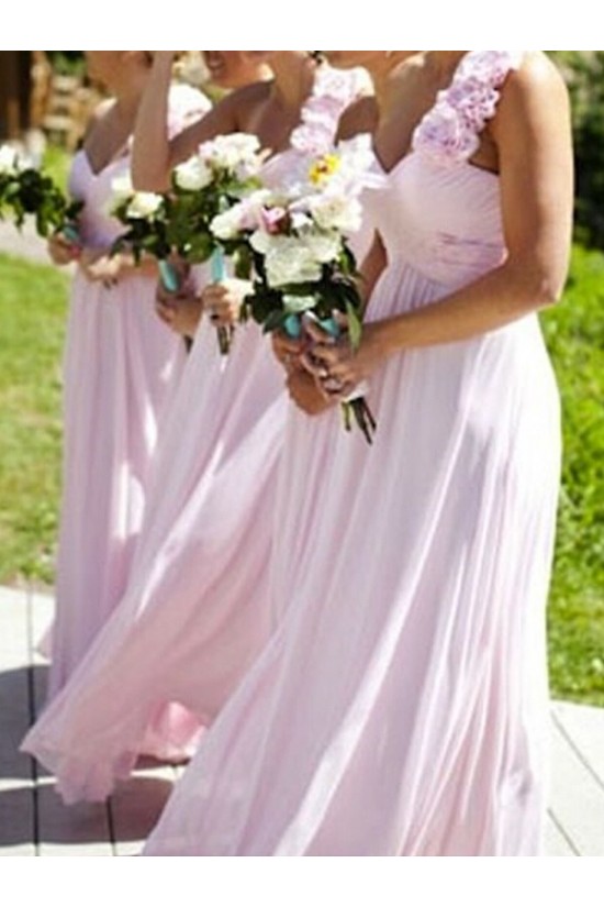 A-Line One-Shoulder Long Pink Chiffon Floor Length Bridesmaid Dresses 3010423