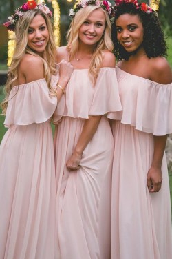 Long Pink Off-the-Shoulder Chiffon Floor Length Bridesmaid Dresses 3010427
