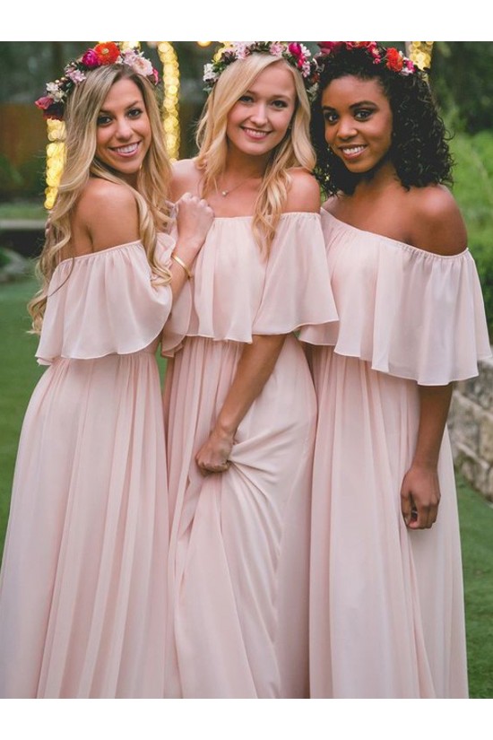 Long Pink Off-the-Shoulder Chiffon Floor Length Bridesmaid Dresses 3010427