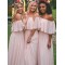 Long Pink Off-the-Shoulder Chiffon Floor Length Bridesmaid Dresses 3010427