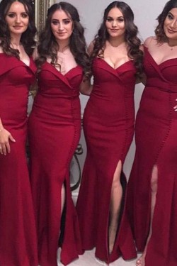 Mermaid Off-the-Shoulder Long Burgundy Floor Length Bridesmaid Dresses 3010437