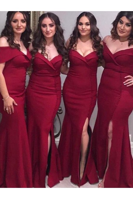 Mermaid Off-the-Shoulder Long Burgundy Floor Length Bridesmaid Dresses 3010437