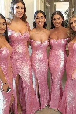 Mermaid Sequins Off-the-Shoulder Long Floor Length Bridesmaid Dresses 3010464