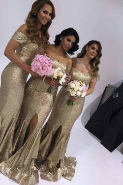Mermaid Sequins Off-the-Shoulder Long Floor Length Bridesmaid Dresses 3010465