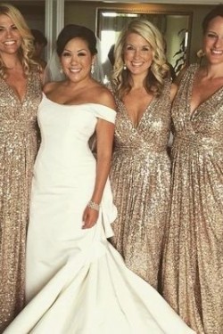 Sheath/Column Sequins V-Neck Floor Length Bridesmaid Dresses 3010470