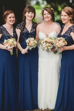 A-Line Lace and Chiffon Long Navy Blue Floor Length Bridesmaid Dresses 3010475