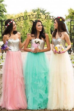 A-Line Sequins and Tulle Floor Length Bridesmaid Dresses 3010476