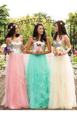 A-Line Sequins and Tulle Floor Length Bridesmaid Dresses 3010476