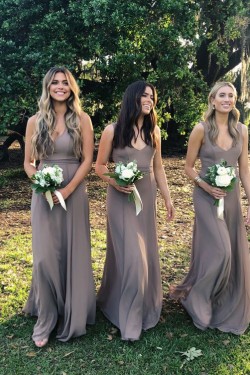 A-Line V-Neck Floor Length Bridesmaid Dresses 3010479