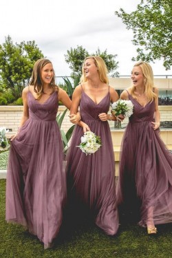 A-Line V-Neck Spaghetti Straps Floor Length Bridesmaid Dresses 3010480