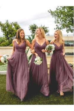 A-Line V-Neck Spaghetti Straps Floor Length Bridesmaid Dresses 3010480