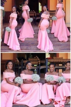 Mermaid Off-the-Shoulder Long Pink Plus Size Floor Length Bridesmaid Dresses 3010487
