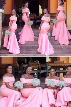 Mermaid Off-the-Shoulder Long Pink Plus Size Floor Length Bridesmaid Dresses 3010487