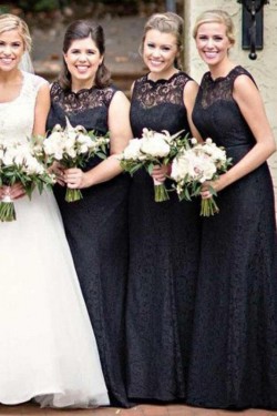 Long Black Lace Floor Length Bridesmaid Dresses 3010511