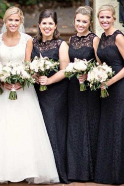 Long Black Lace Floor Length Bridesmaid Dresses 3010511
