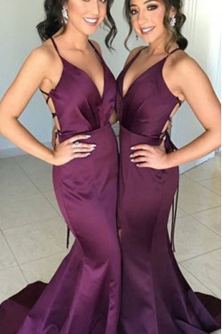 Mermaid Long Grape V-Neck Floor Length Bridesmaid Dresses 3010514