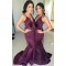 Mermaid Long Grape V-Neck Floor Length Bridesmaid Dresses 3010514