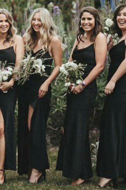 Sheath Spaghetti Straps Long Black Bridesmaid Dresses 3010521