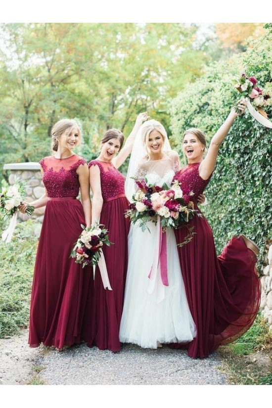 A-Line Beaded Lace and Chiffon Long Floor Length Bridesmaid Dresses 3010530