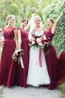 A-Line Beaded Lace and Chiffon Long Floor Length Bridesmaid Dresses 3010530